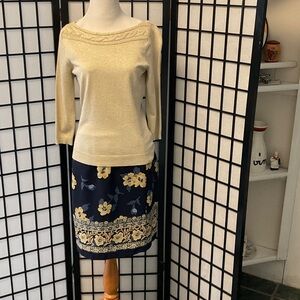 Navy skirt and cream top outfit